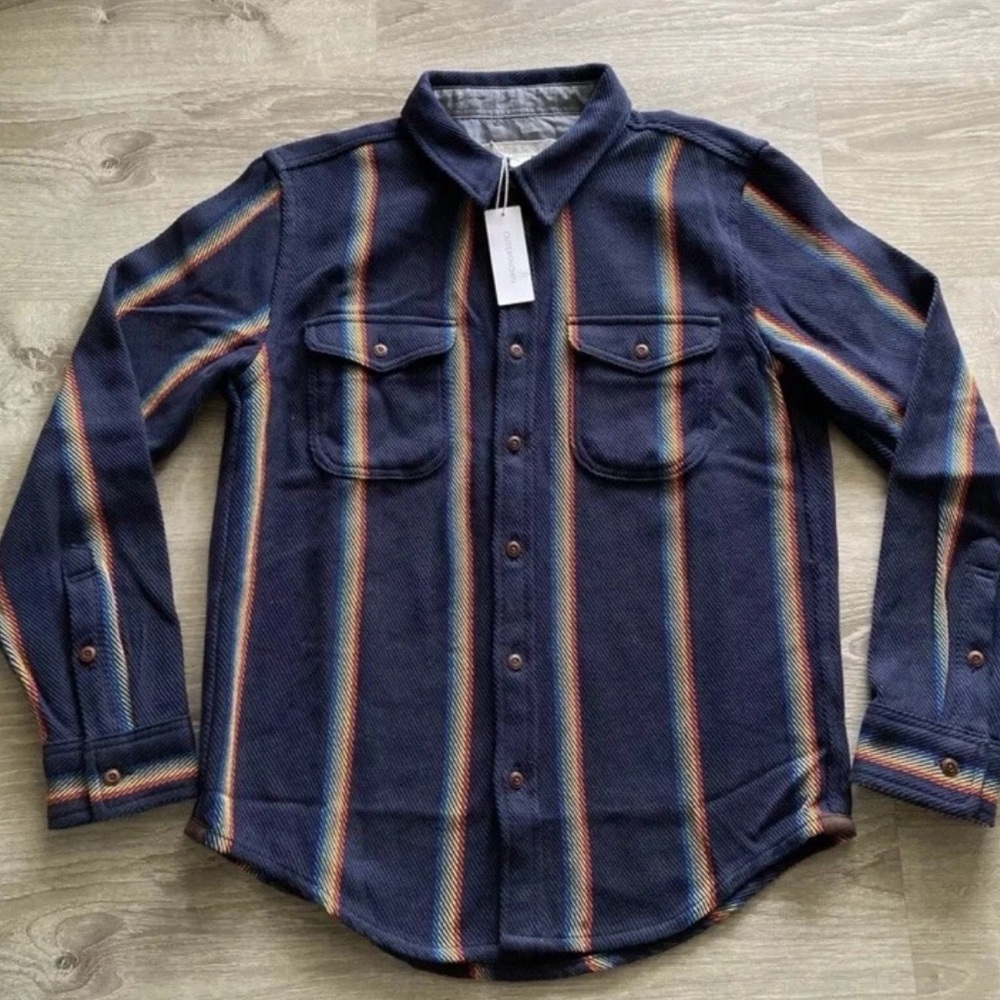 New Outerknown Blanket Shirt Mens Medium Blue Rainbow Stripe Organic Cotton-$148 - Picture 4 of 14